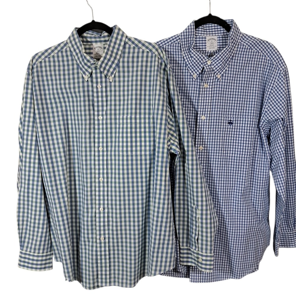 Brooks Brothers Lot 2 Mens XL Regent Plaid Blue  GreenCheck Long Sleeve Shirts‎